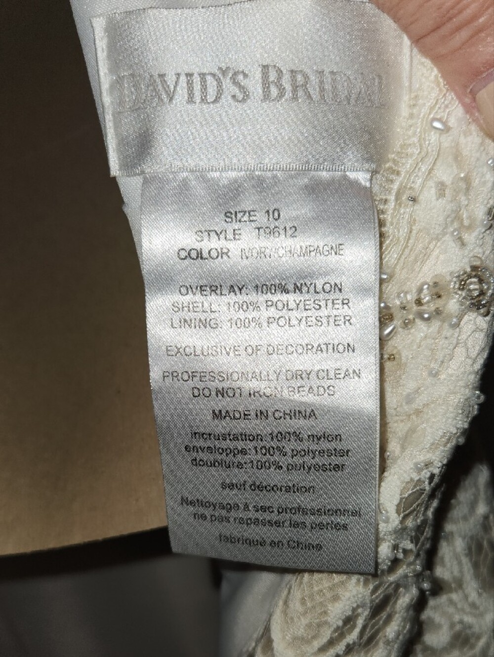 David’s Bridal Cap Sleeve Lace Wedding Dress Ivory/Champ. (Size 10) - Picture 5 of 10